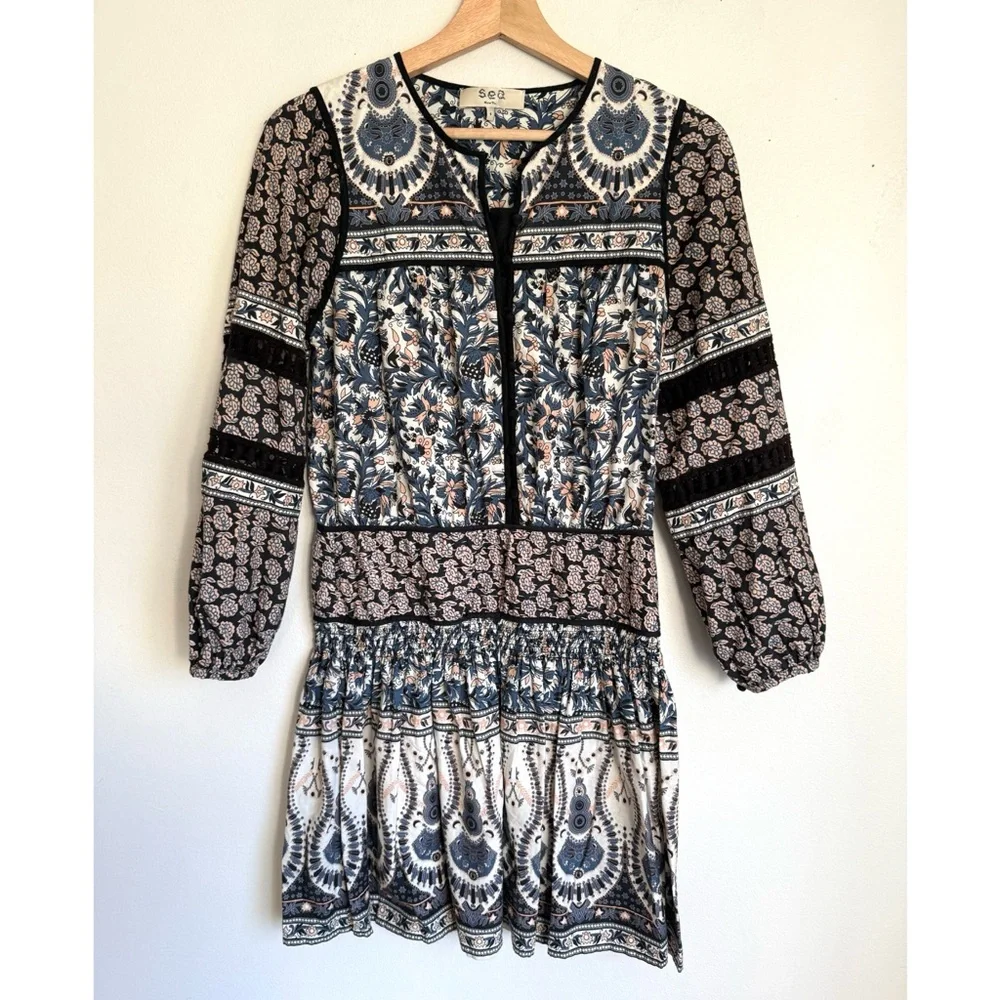 Sea NY • Gemma Long Sleeve Peasant Dress in Blue - Picture 6 of 9